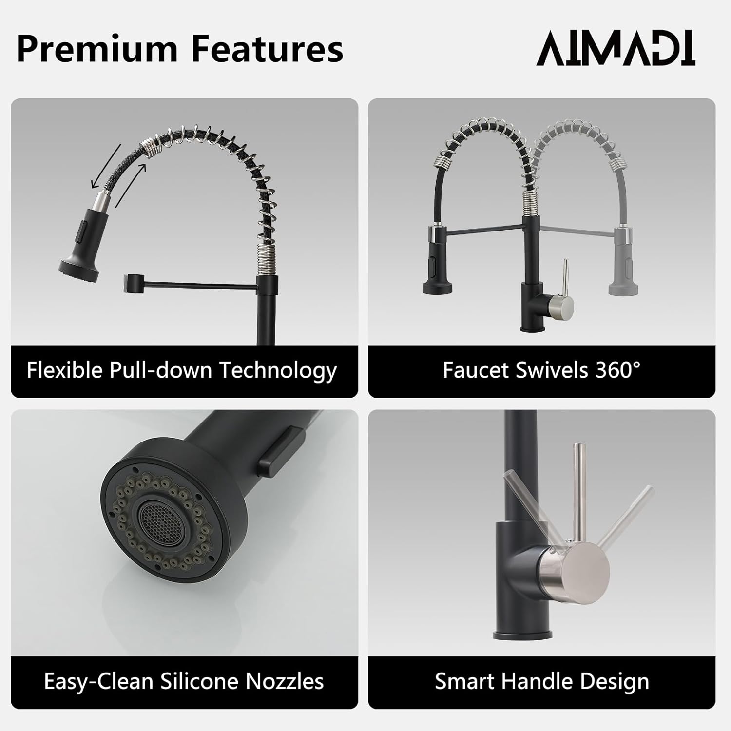 Grifo negro de cocina AIMADI,Grifo de fregadero de cocina con rociador,Grifo de cocina moderno de una sola manija de un solo agujero negro mate