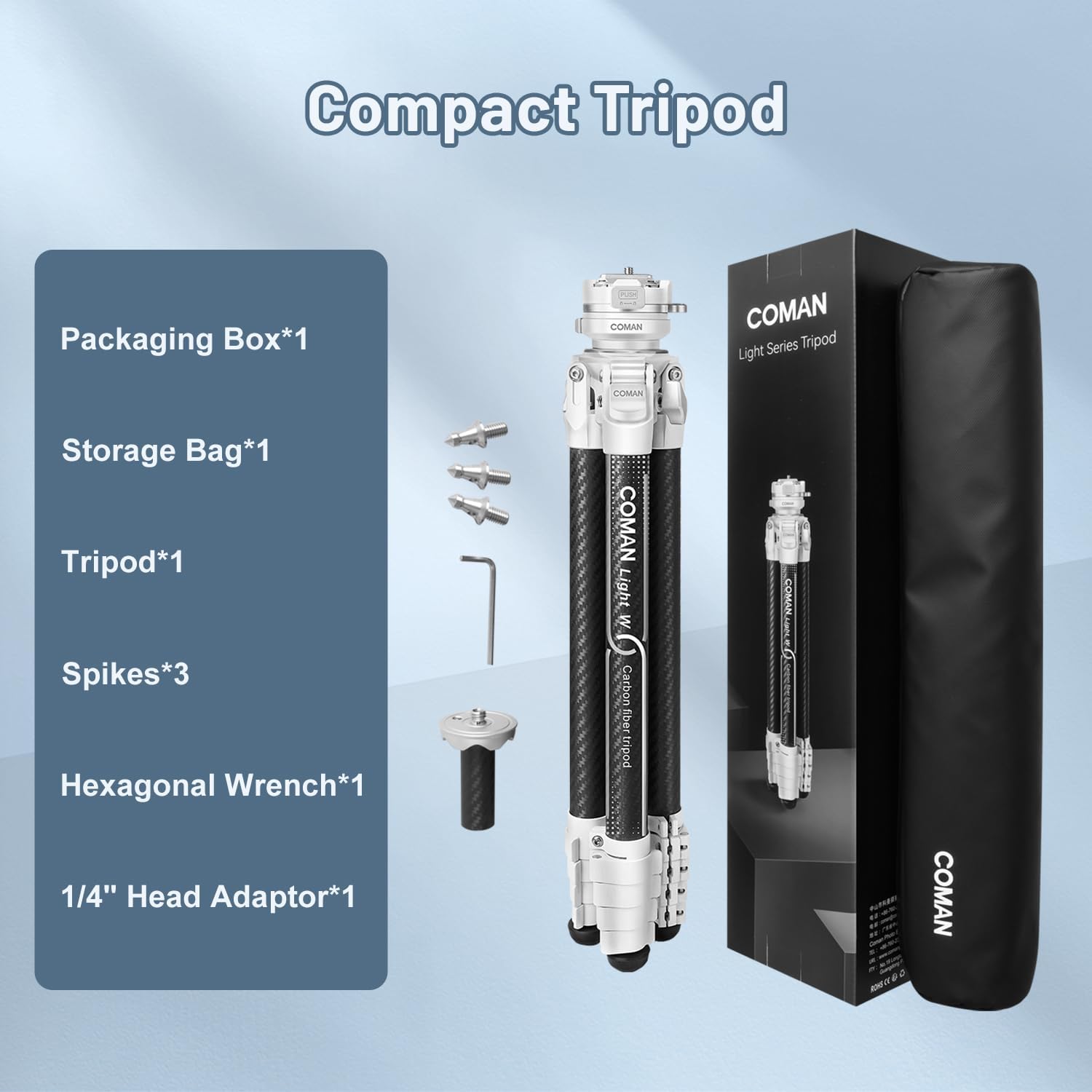 COMAN Trípode portátil para cámara de viaje, trípodes DSLR compactos y ligeros, soporte de trípode de fibra de carbono con cabezal de bola de 360,