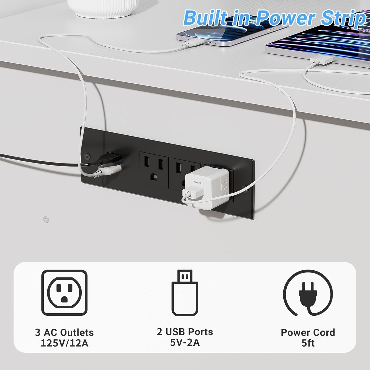 Escritorio reversible para computadora con cajones de archivos, escritorio de oficina de 55 pulgadas con luz LED RGB y toma de corriente, escritorio