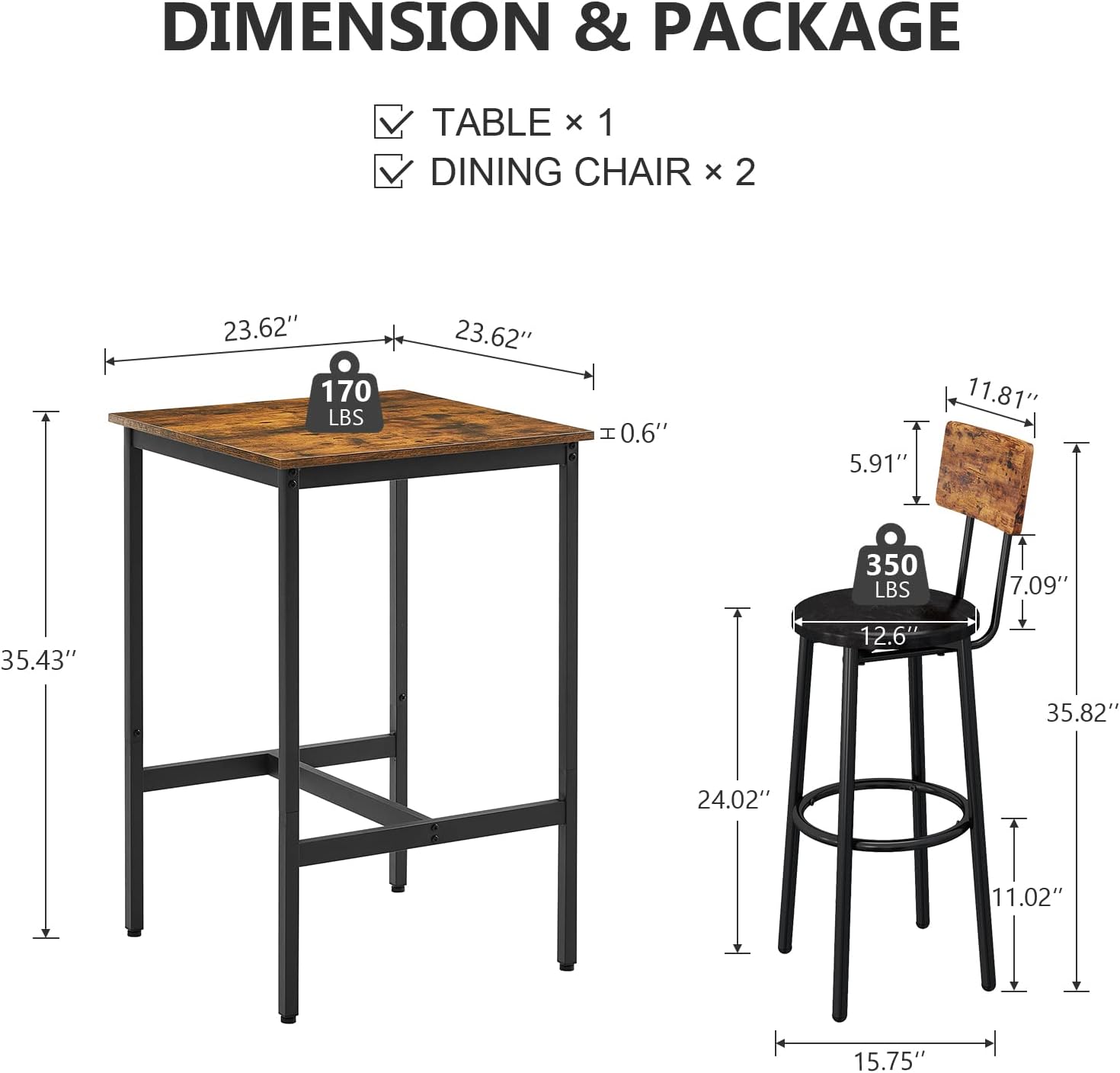Juego de mesa y silla de bar industrial para 2 mesas y taburetes de altura de mostrador con respaldo, mesa de comedor cuadrada, juego de 3 con