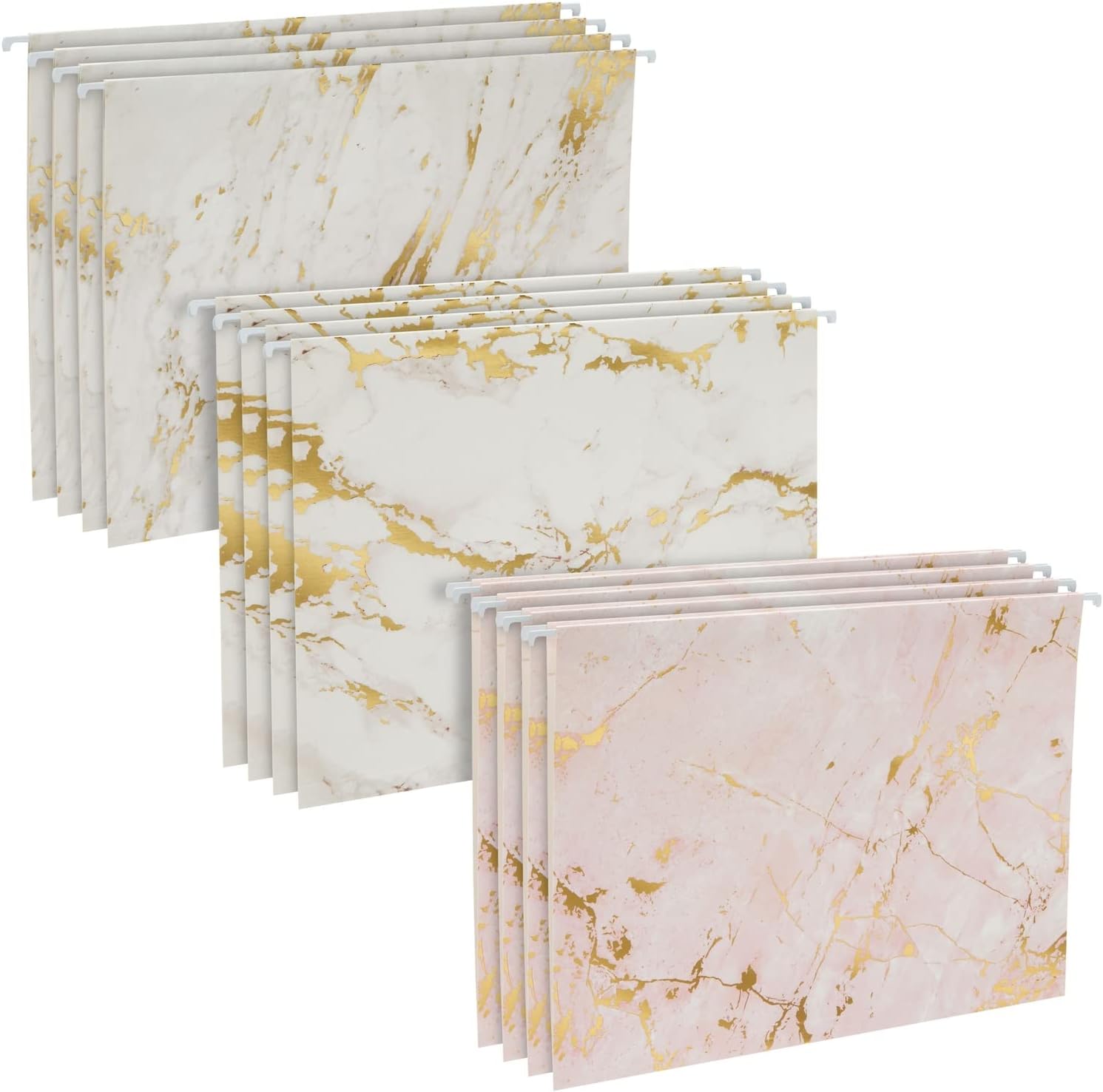 Paper Junkie Paquete de 12 carpetas colgantes decorativas blancas y rosas con pestaña de 15 para archivador, diseño de mármol dorado (11.75 x 9