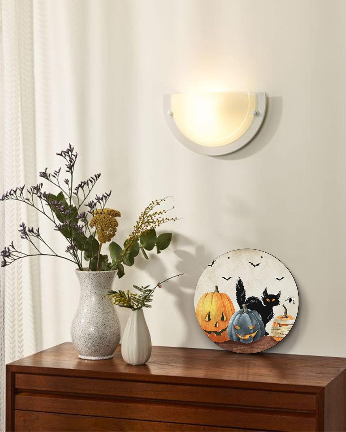 Letrero de bienvenida para decoración de puerta delantera, calabaza de Halloween, gato negro, murciélago, cuervo, coronas de 10 pulgadas, decoración