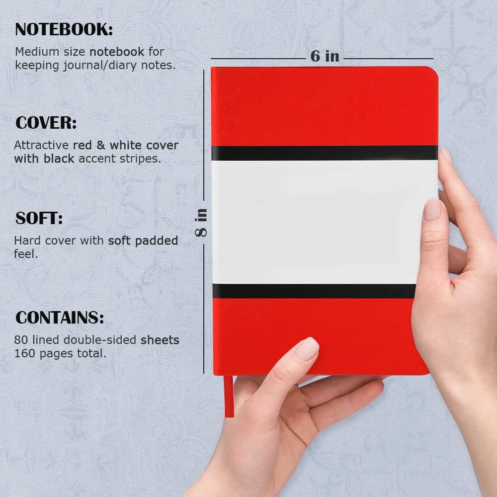 Sweda Cuaderno de tapa dura de alta calidad, elegante diseño rojo y blanco, 80 páginas rayadas, cierre elástico, bolsillo para documentos, elegante
