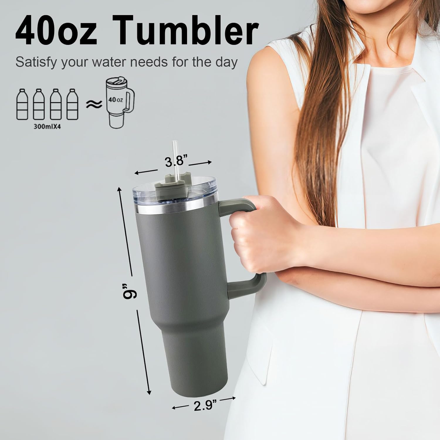 CusCosCes Vaso de 40 onzas con asa y pajilla, taza de viaje de café para regalo, apto para portavasos y aislamiento a largo plazo, color negro