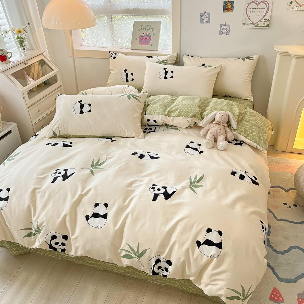 BlueBlue Panda – Juego de funda de edredón para niños, tamaño individual, 100% algodón, para niños, niñas, adolescentes, dibujos animados, panda