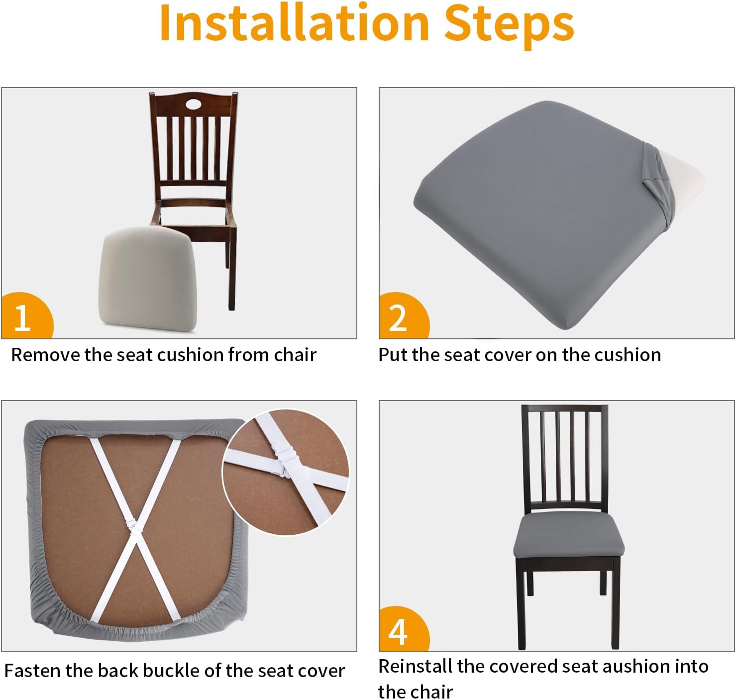 YISUN Fundas de asiento impermeables para comedor, elásticas, extraíbles y lavables, fundas de asiento de silla de cocina con lazos elásticos y