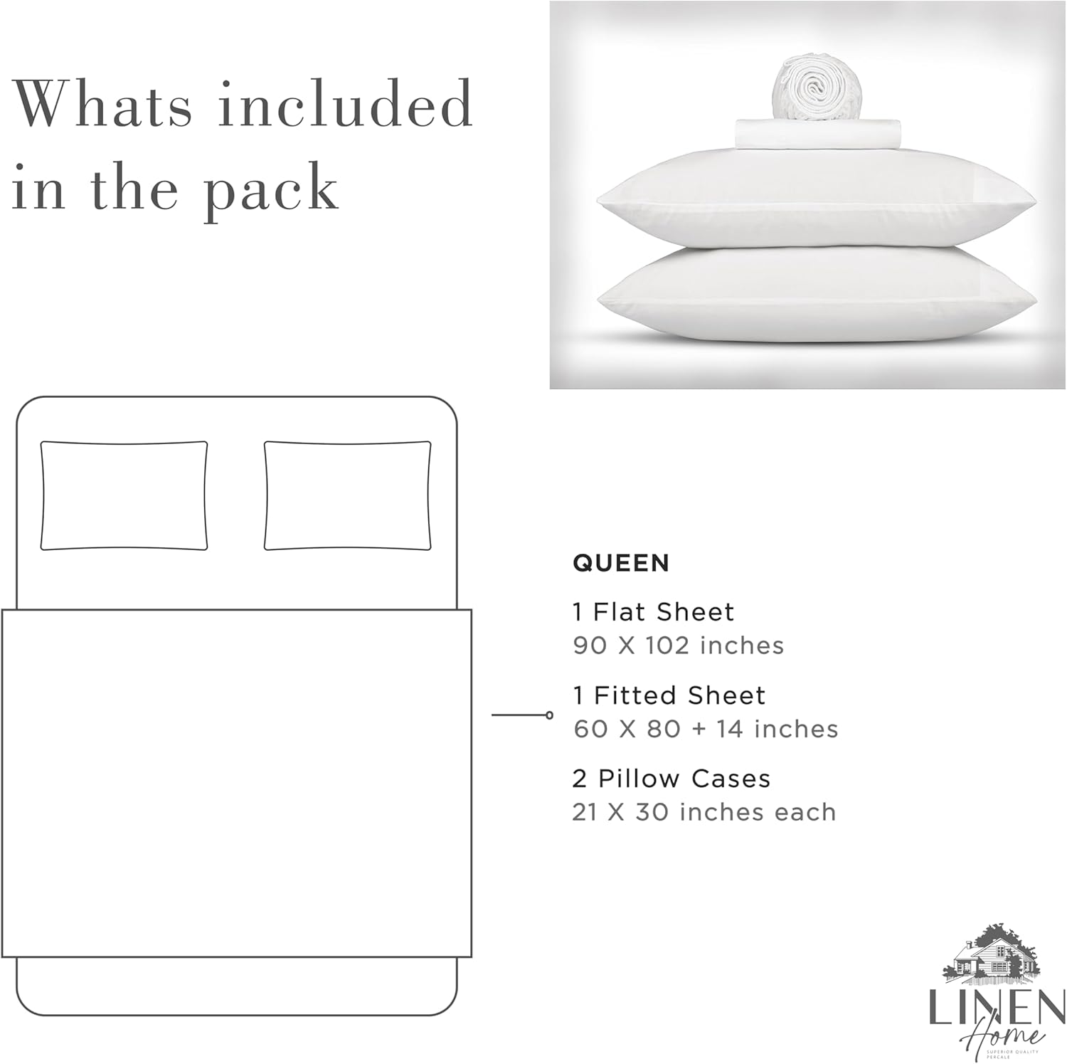 Linen Home Juego de sábanas de percal de algodón lavado, color blanco, bolsillo profundo, 4 piezas, 1 sábana encimera, 1 sábana bajera y 2 fundas de