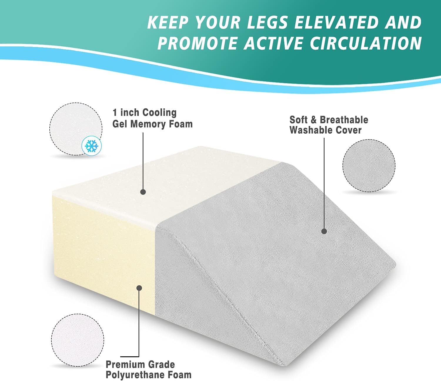 Almohada de elevación de piernas con parte superior de espuma viscoelástica de gel refrescante, reposa piernas poscirugía, almohada de espuma de
