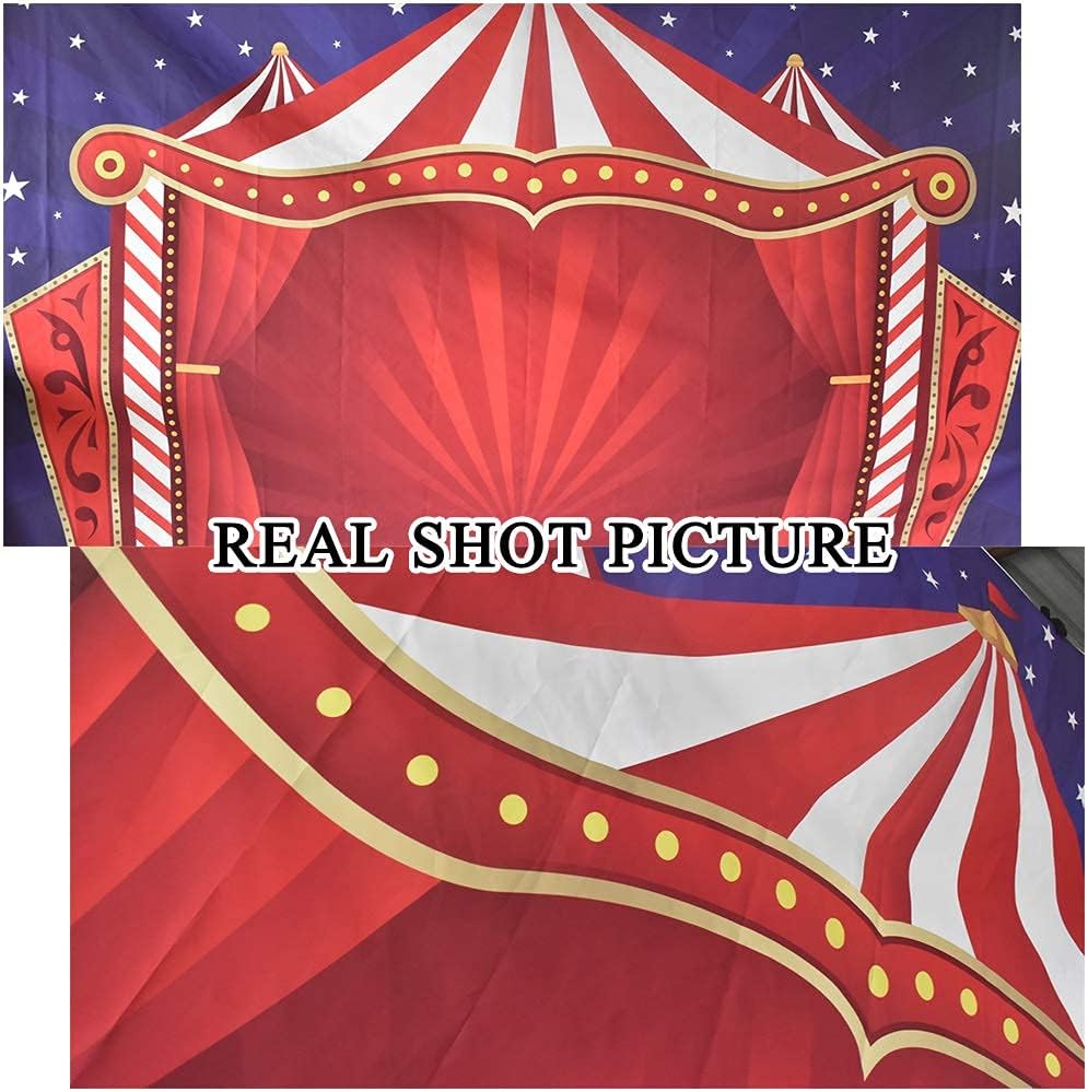 Laeacco Telón de fondo rojo para tienda de campaña de circo de dibujos animados, rayas rojas y blancas, cortina roja de circo, 5 x 3 pies, fondo de