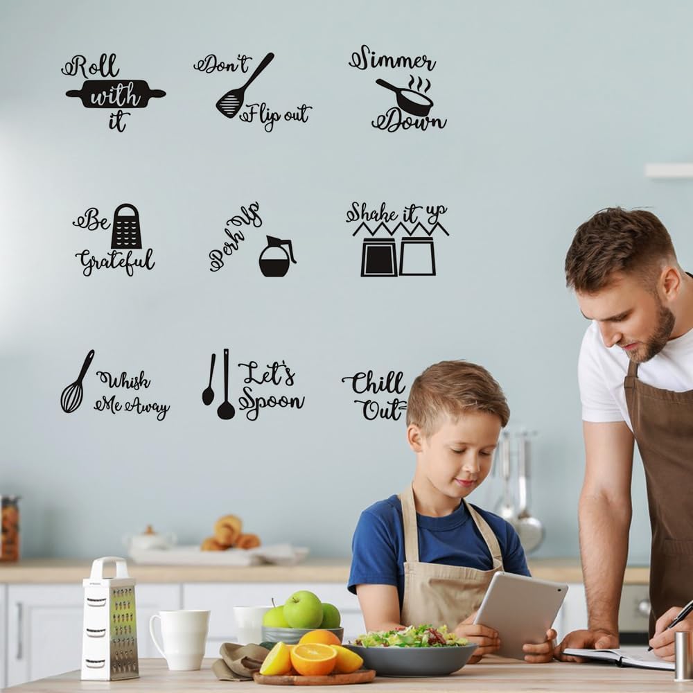 Calcomanías de pared con citas de cocina, 9 unidades, calcomanías Roll It Let’s Spoon, utensilios de cocina negros, arte de pared para cocina,