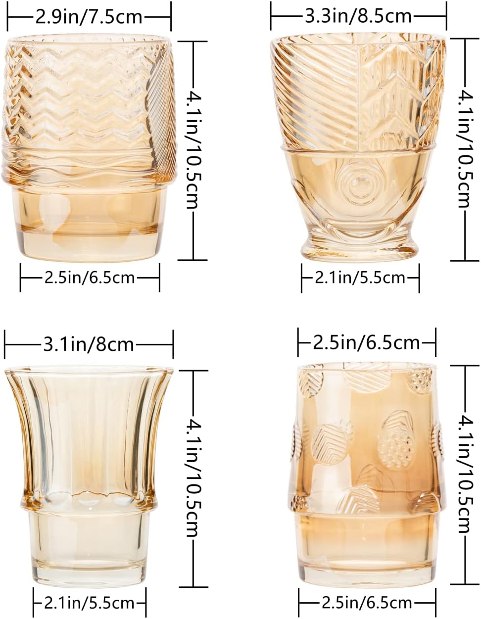 Vaso de vidrio de pescado de 9 onzas, juego de 4 vasos apilables para refrescos, jugos, té, leche, avena