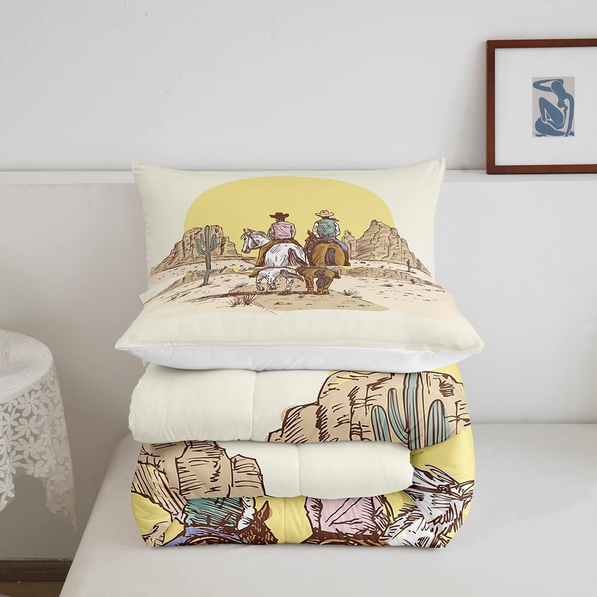 Erosebridal Juego de edredón de vaqueros, ropa de cama matrimonial del salvaje oeste para hombres, mujeres y niños, edredón de plumas de caballo