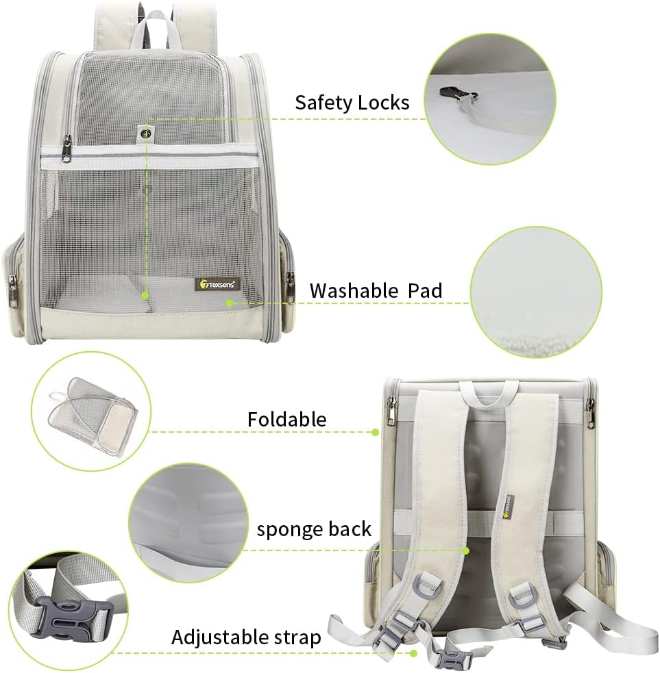 Texsens Mochila transportadora para mascotas para gatos pequeños y perros, diseño ventilado, correas de seguridad, soporte de hebilla, plegable,