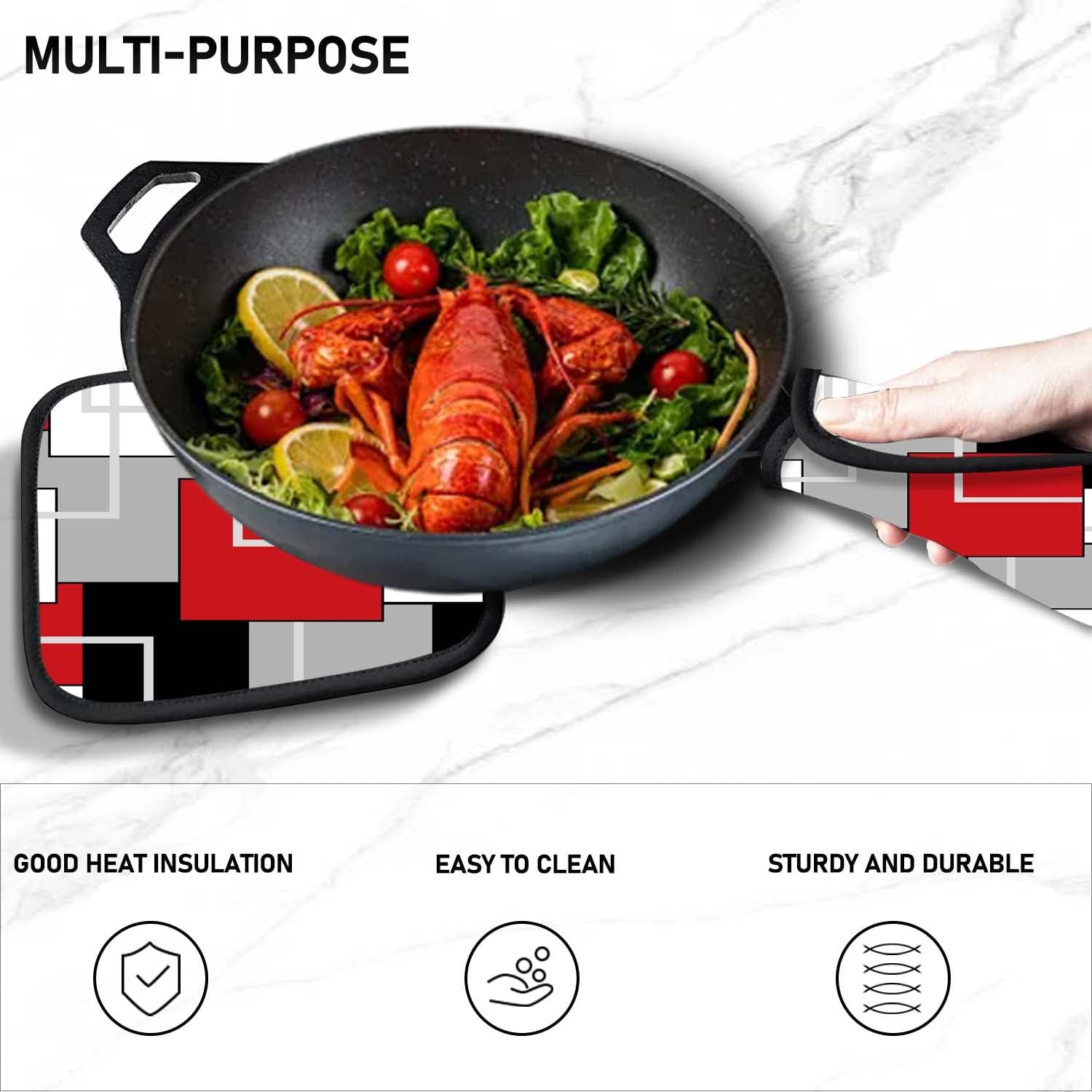 MCALK Juego de 5 guantes de horno rojos y soportes para ollas, guantes de horno negros geométricos y almohadillas calientes para cocinar en la