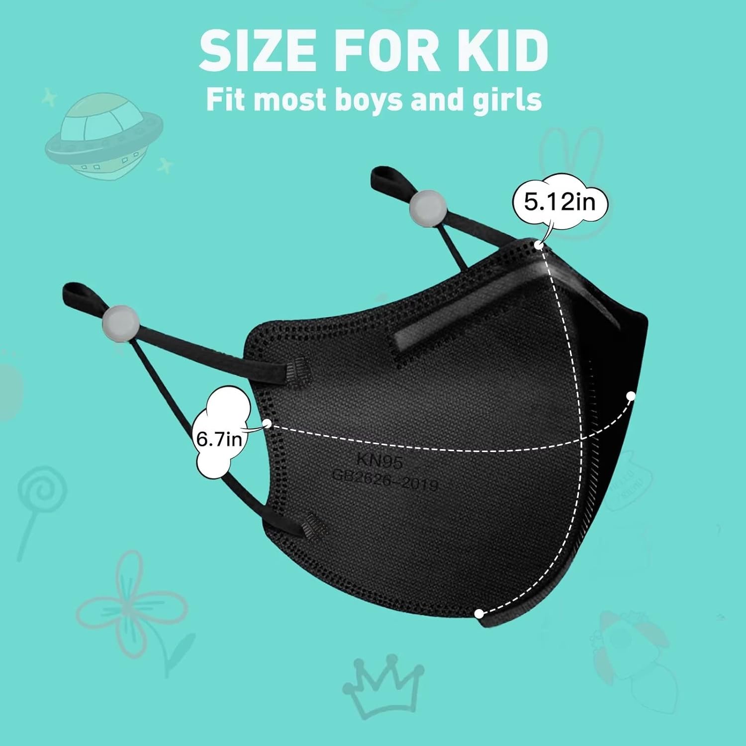 Mascarillas KN95 para niños, 50 unidades, mascarilla de seguridad transpirable de 5 capas con cintas elásticas ajustables para las orejas, color