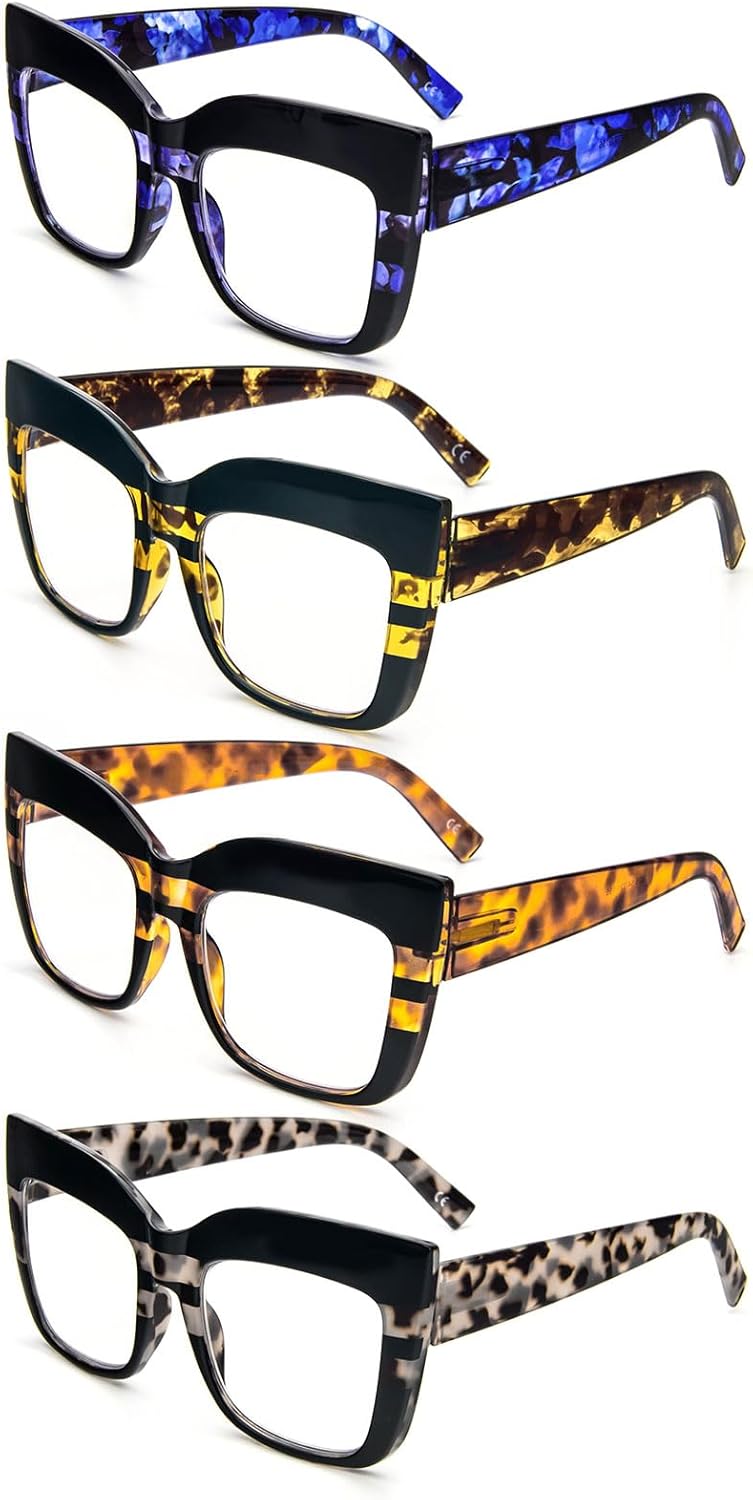 KoKoBin Paquete de 4 elegantes lentes de lectura de ojo de gato con marco grande para mujer, lectores retro de gran tamaño, bloqueo de luz azul