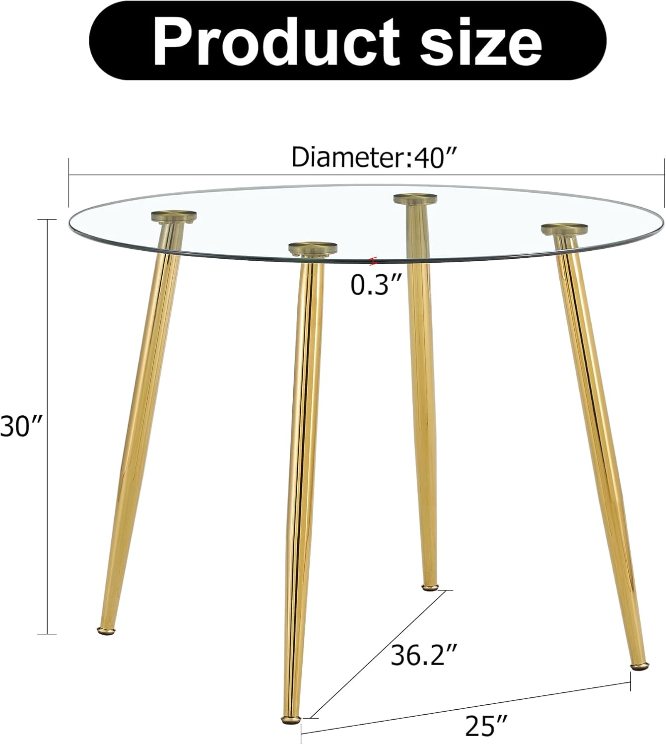 Mesa de comedor redonda, mesa de comedor moderna de 40 pulgadas, mesa de vidrio templado con patas de metal chapado en oro, Mesas de Comedor para