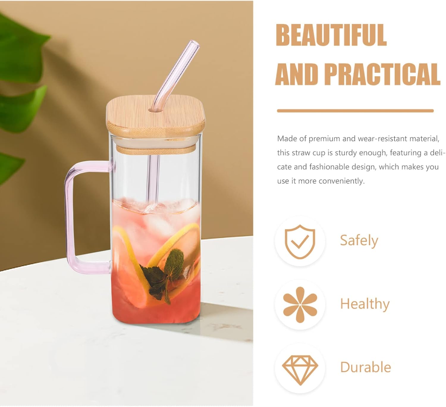 Luxshiny Vasos rectangulares con pajita de vidrio con tapas, vasos cuadrados con asa, tapa de bambú, vasos transparentes para café helado para el