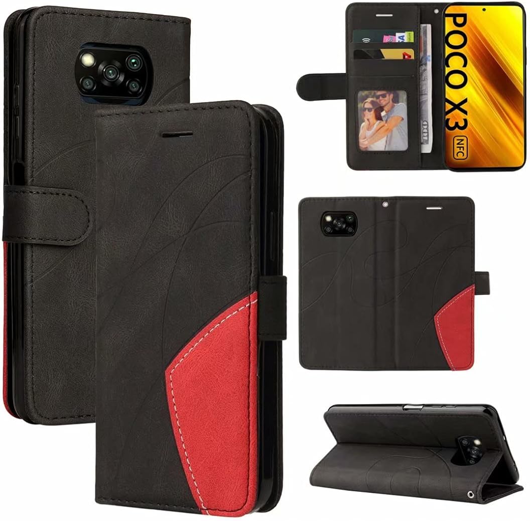 Empalme Xiaomi Poco X3 Pro Wallet Case Negro, correa de muñeca PU cuero cartera cierre magnético cubierta Flip stand funda protectora para Xiaomi