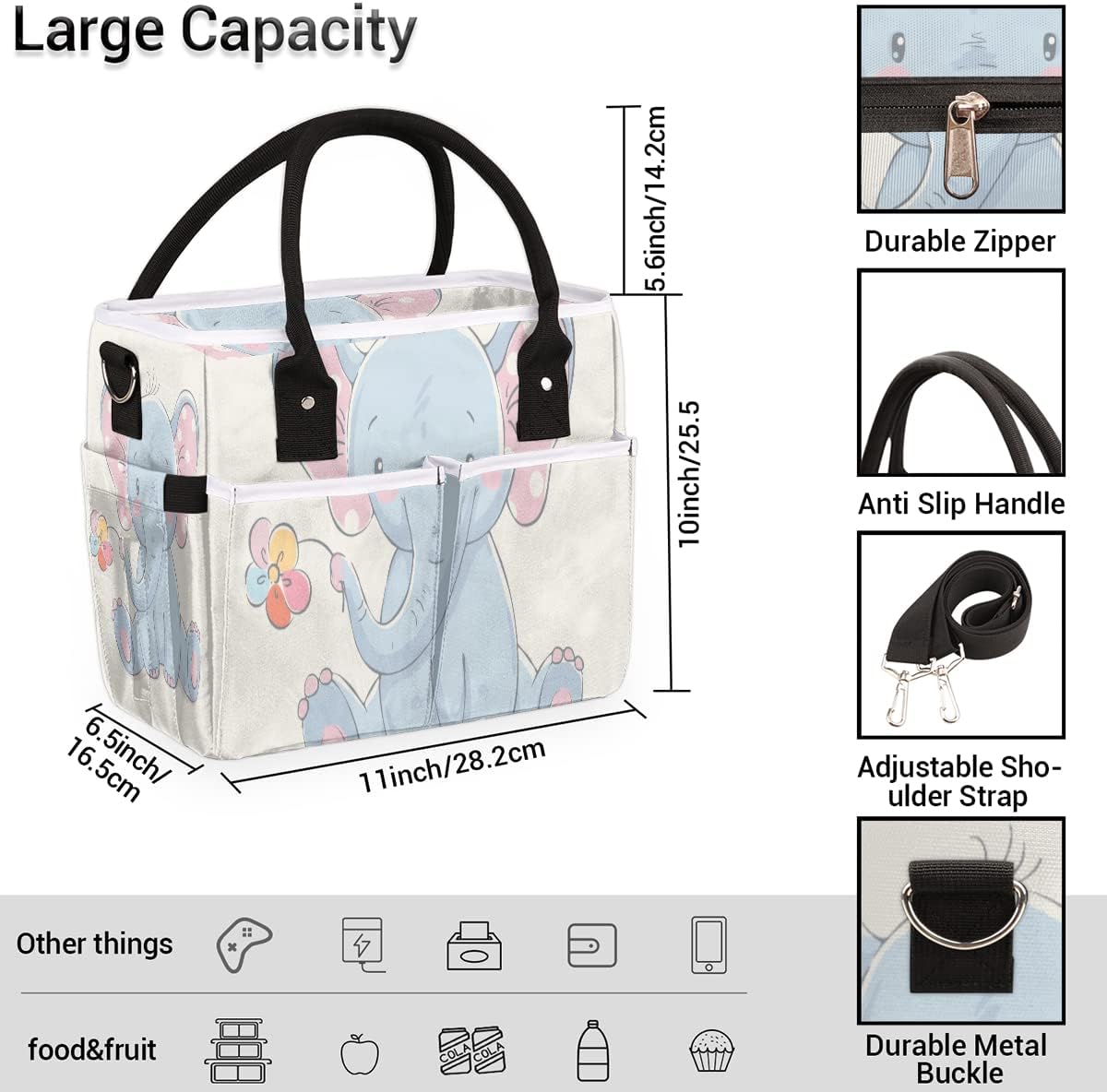 Linda bolsa de almuerzo con diseño de flores de elefante para mujer, bolsa de almuerzo aislada con bolsillos para correa para el hombro, para