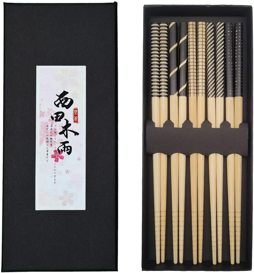 Juego de 5 pares de palillos de bambú reutilizables estilo japonés, apto para lavavajillas de 8.8 pulgadas, negro fresco