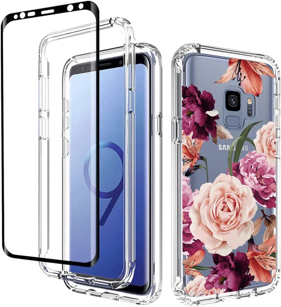 Funda para Galaxy S9, Samsung S9 SM-G960U con protector de pantalla de vidrio templado, cuerpo completo, lindo diseño floral, a prueba de golpes,