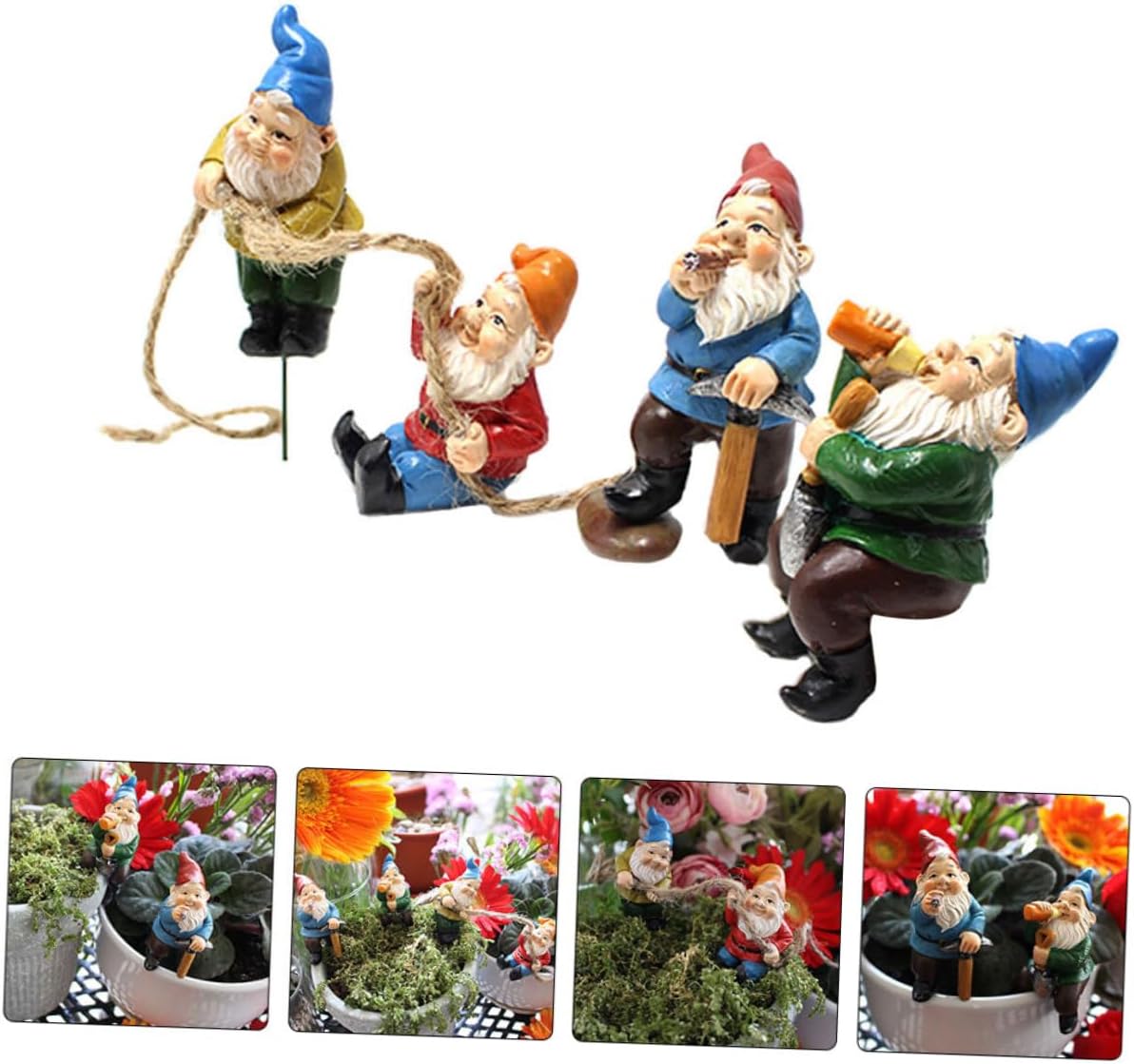 4 piezas de arreglo floral enano, estatua de jardín de gnomos pequeños, decoraciones para patio, mini figurita enana, mini macetas para