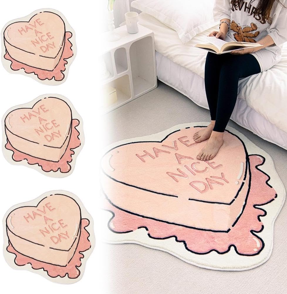 Alfombra de arte creativo irregular, alfombra de área estética irregular con forma de corazón rosa, alfombra en forma de pastel para sala de estar,