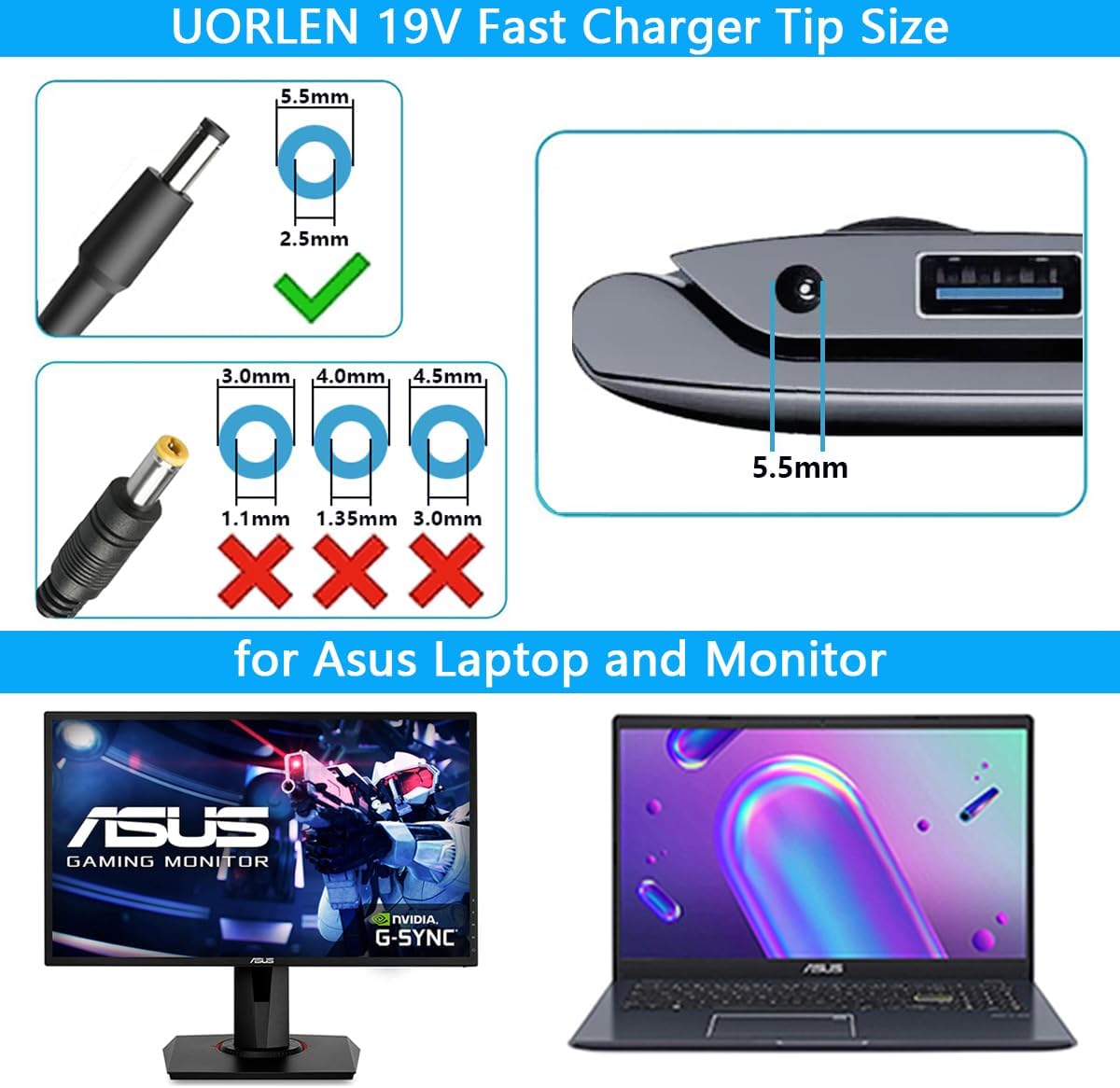 Cable de alimentación de 19 V con certificación UL para monitor Asus de 22 pulgadas, 23 pulgadas, 24 pulgadas, 27 pulgadas, VG278, VG278Q, VG279,
