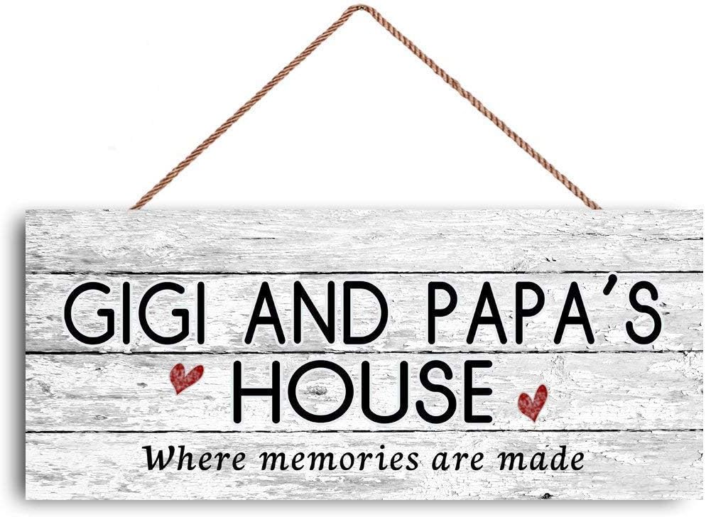 GUQFF – Letrero con texto en inglés “Gigi and Papa’s House”, de 12 x 6 pulgadas, con texto en inglés “Where Memories Are Made”, estilo envejecido,