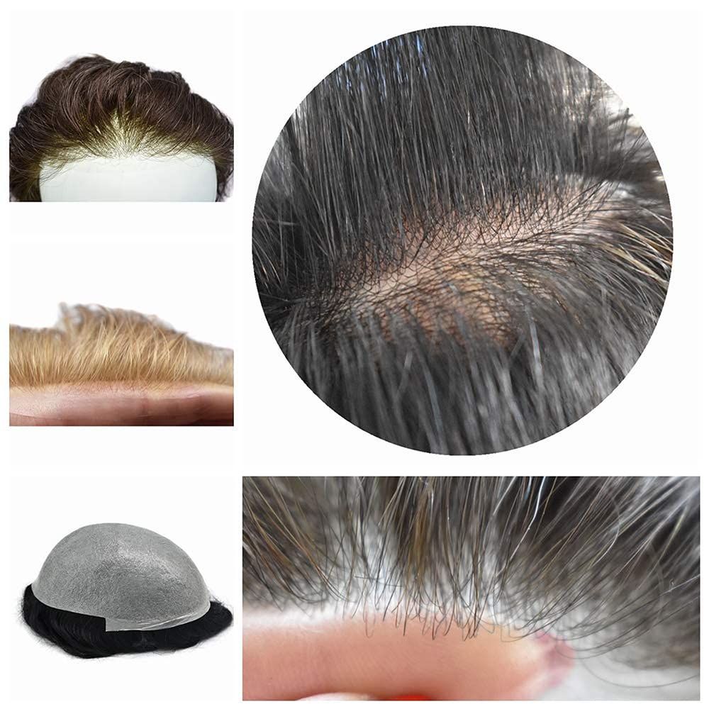 Healthlif Pieza de cabello humano tipo tupé para hombre, con bucle en V, ultra fino, para hombres, sistema de cabello, extensiones para hombres,