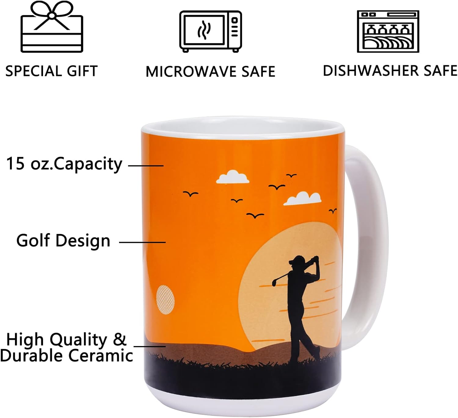 Taza de golf de cerámica, la mejor taza de café de golf divertida para oficina y hogar, taza de té grande para hombres y mujeres, 15 onzas, naranja