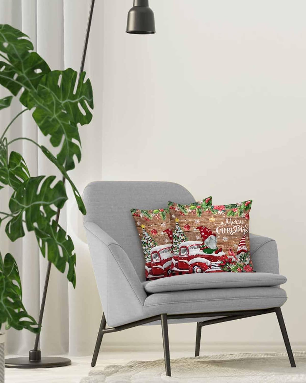 Juego de 2 fundas de almohada de 18 x 18 pulgadas, diseño de camión de gnomo de Navidad, fundas de almohada cuadradas de lino y algodón para patio,