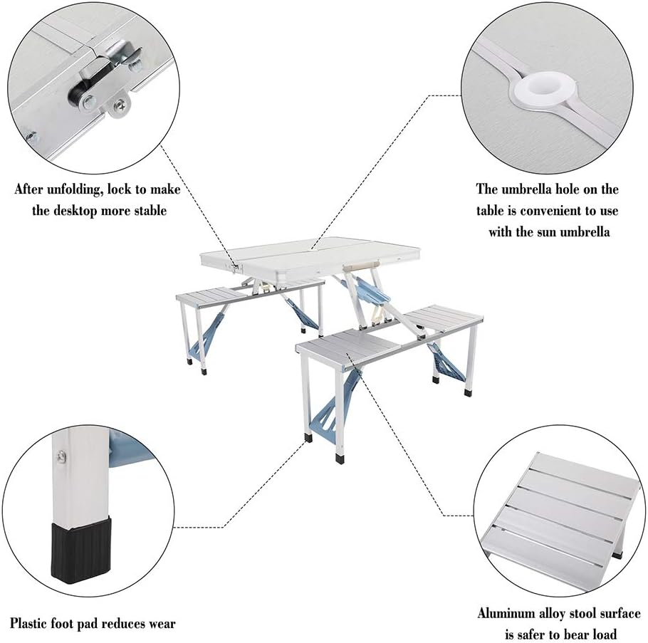 Mesa de picnic plegable portátil con asientos sillas y agujero para paraguas, mesa de aluminio ligera y compacta de aluminio para acampar al aire