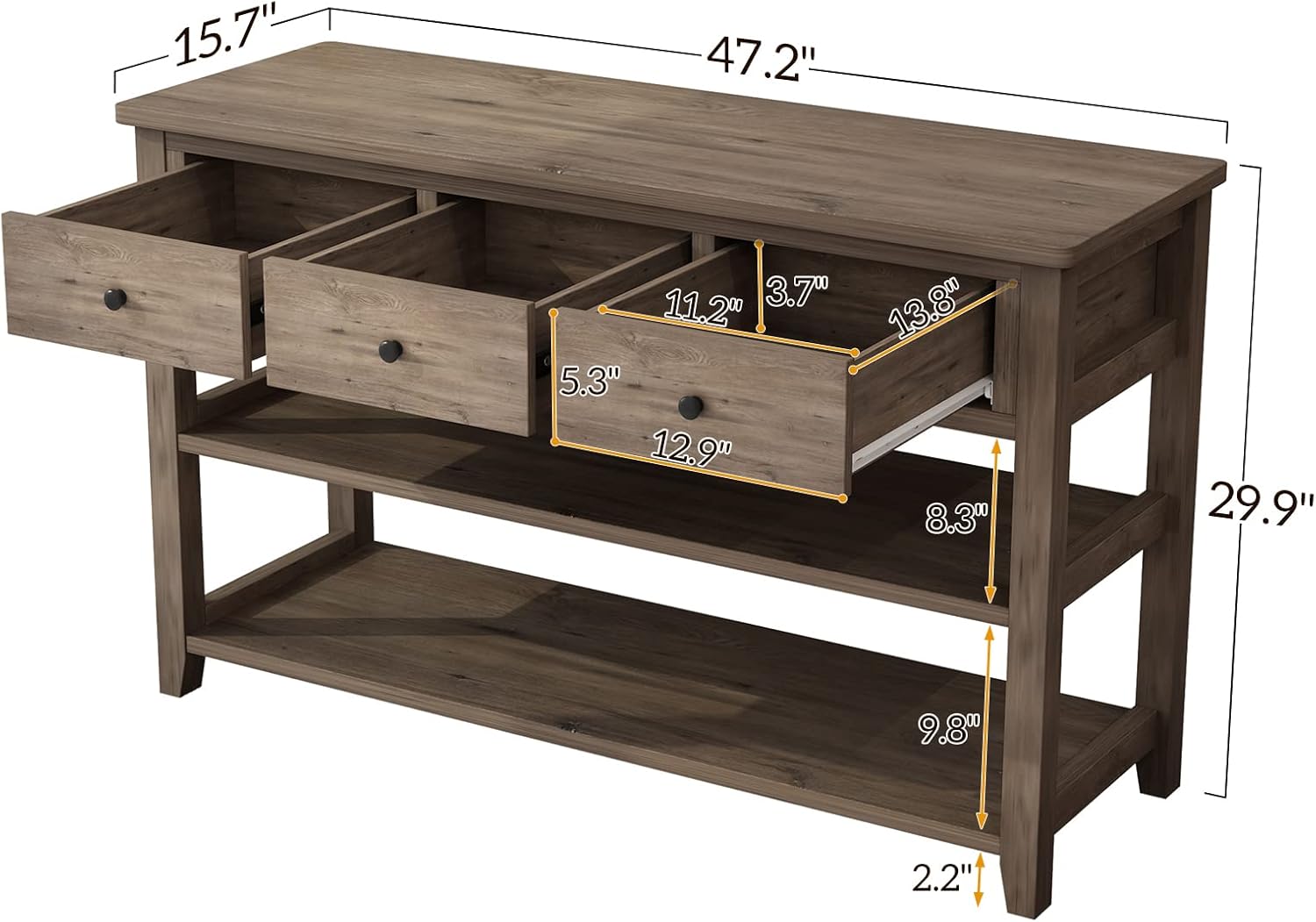 Henf Mesa consola retro de 47 pulgadas de largo, mesa de entrada con 3 cajones y estantes de almacenamiento, aparador vintage de cocina para sala de
