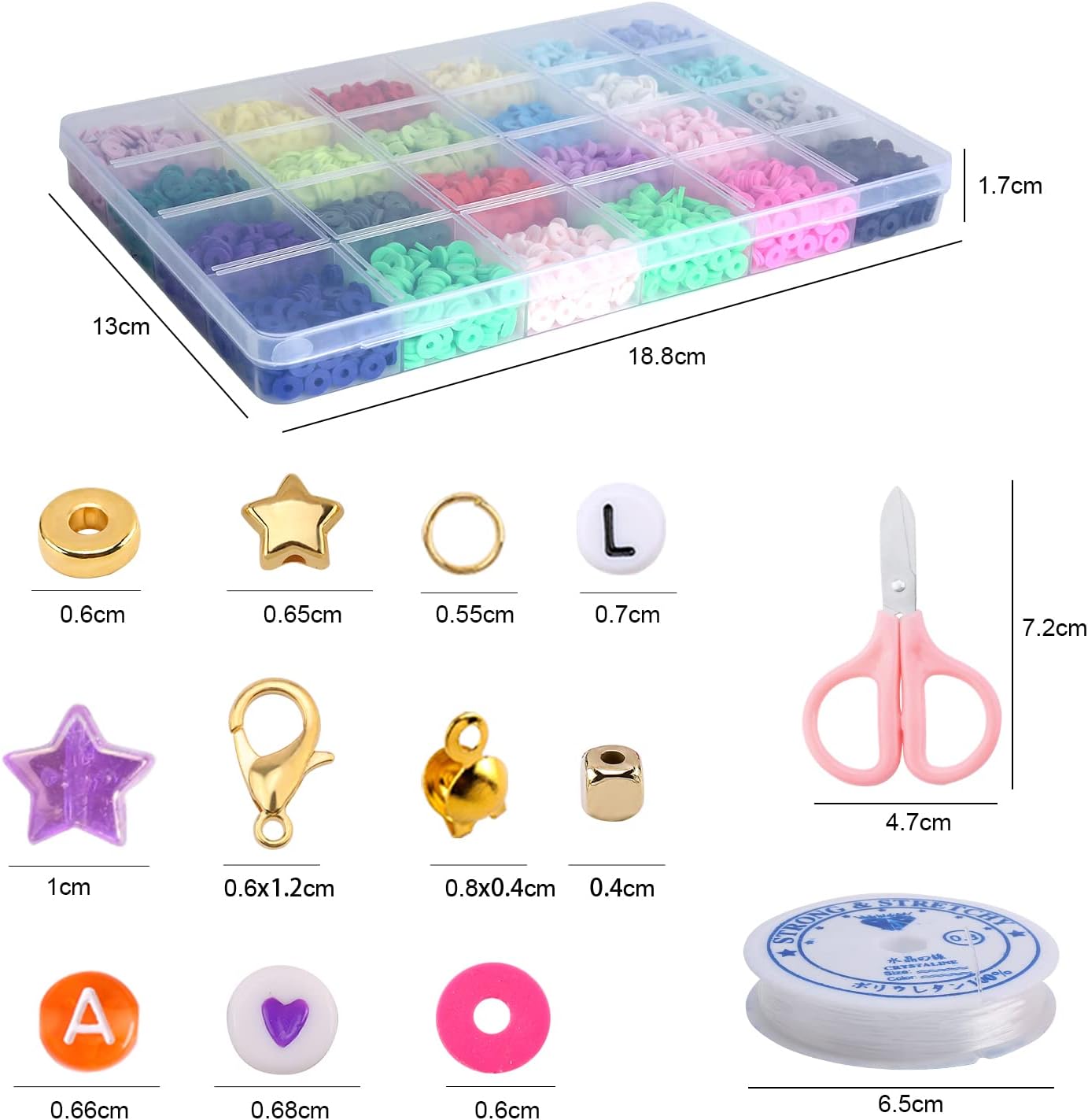 7300 cuentas de arcilla para hacer pulseras, kit de joyería, collares, regalos, 2 cajas planas, redondas, espaciadoras de polímero heishi con