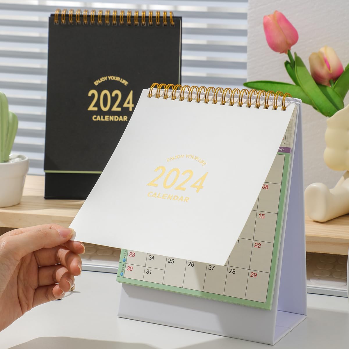 Calendario de escritorio pequeño 2024, funciona desde ahora hasta diciembre de 2024, calendario de escritorio con tapa de pie, anillo de metal,