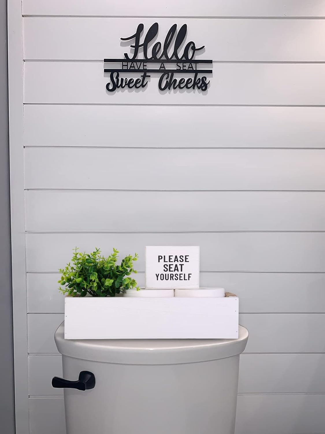 Caja de decoración de baño, cesta organizadora de papel higiénico con divertido letrero de doble cara y flores artificiales, juego de 3 bandejas de