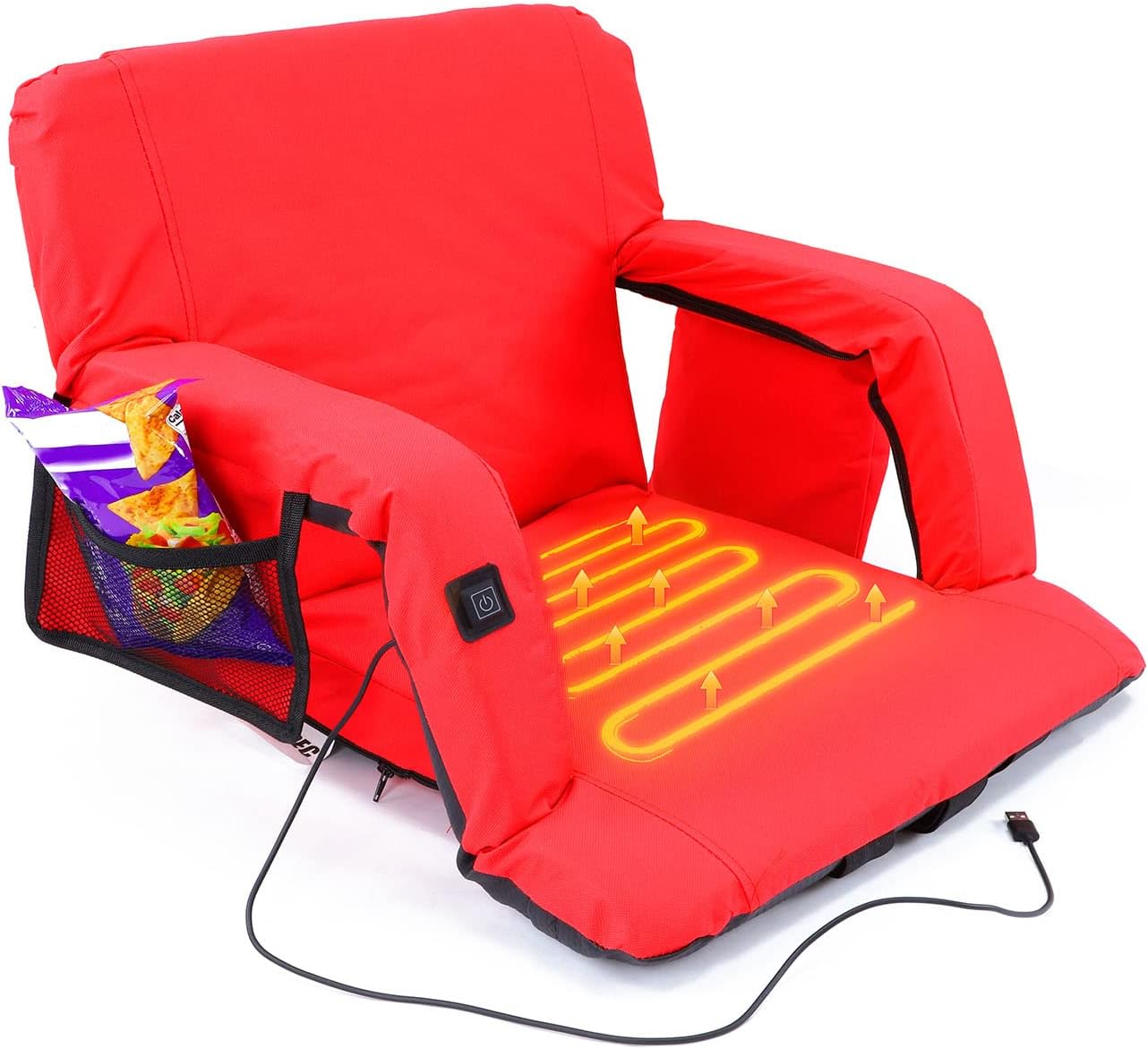 Xspec Asiento de estadio reclinable grande y ancho con reposabrazos, batería no incluida, silla plegable con soporte trasero y bolsillos, asiento