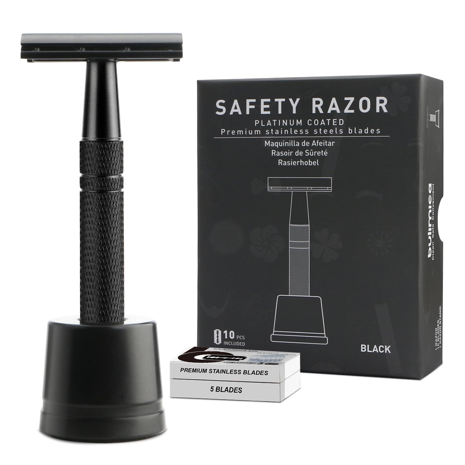 Maquinilla de afeitar de seguridad de doble filo negro mate con soporte para hombres, maquinilla de afeitar DE de metal reutilizable con 10