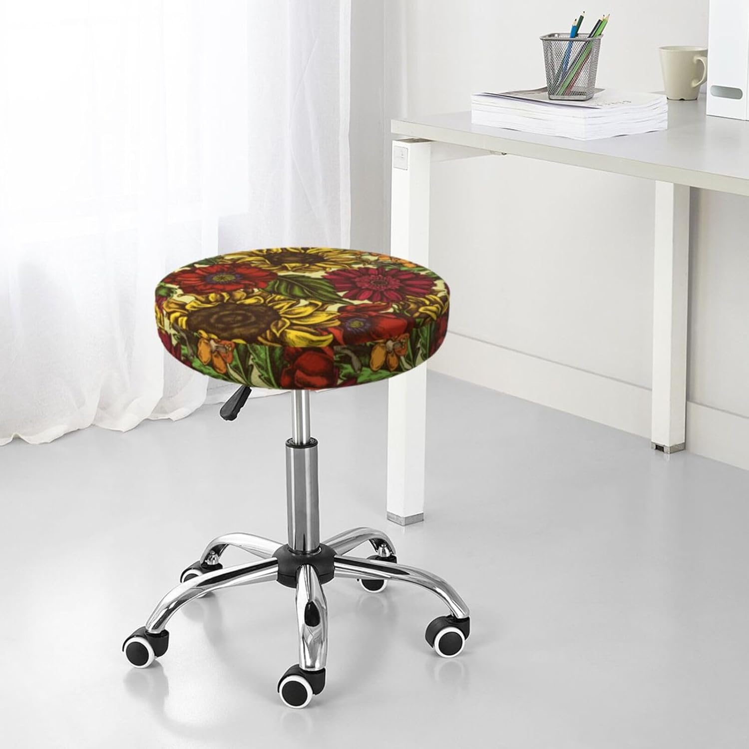 Funda redonda para taburete de bar de girasol, cojín de asiento con parte inferior elástica, lavable y antideslizante, para taburete de bar, funda