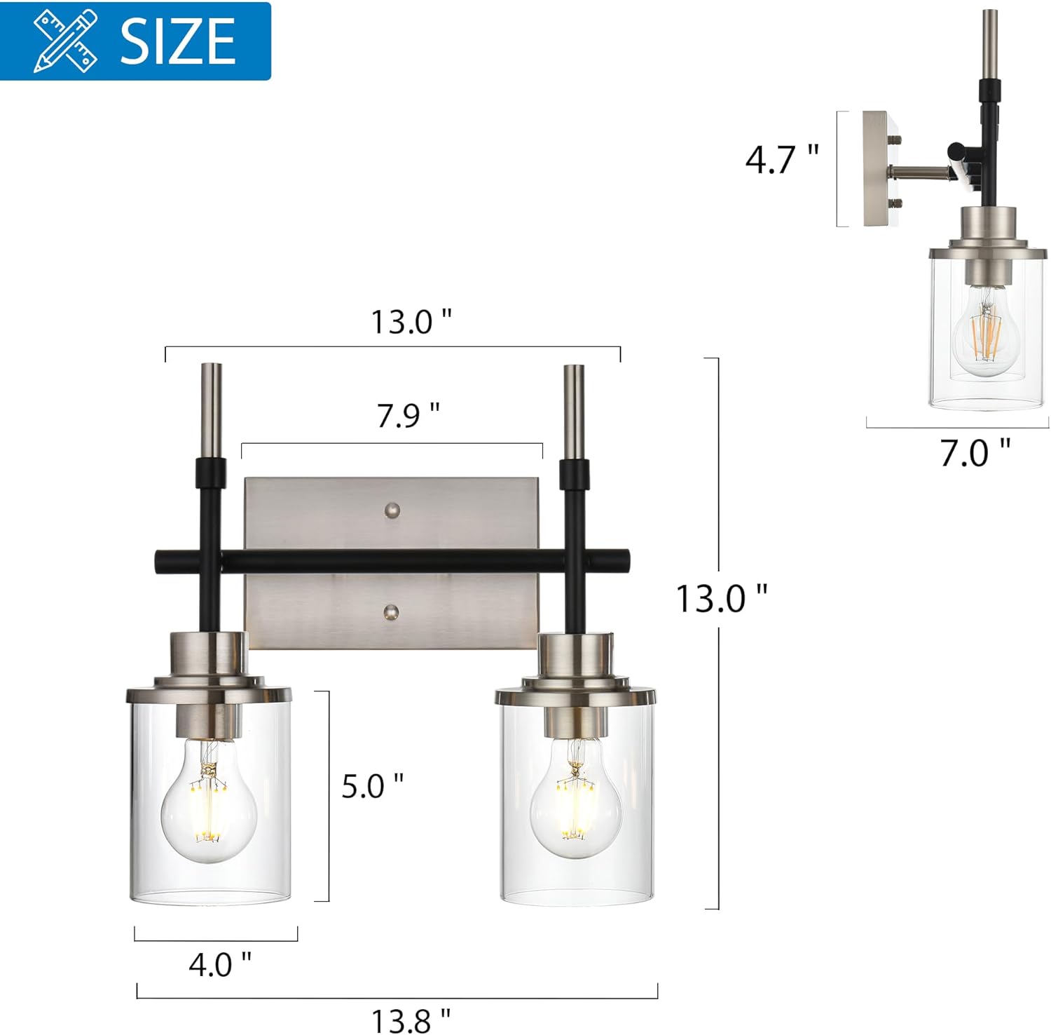 MELUCEE Accesorios de iluminación de baño sobre el espejo, aplique de pared de 2 luces, luz negra y acabado de níquel cepillado con pantalla de