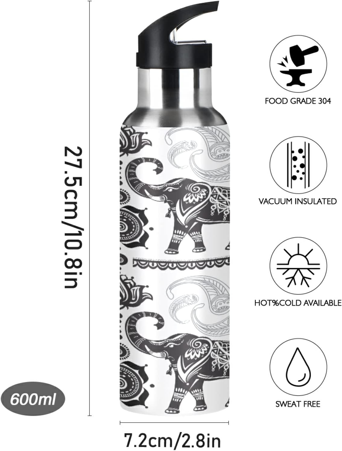 senya Botella de agua de acero inoxidable 0014 con tapa con pajilla, termo para niños, termo de elefante indio de cachemira para deportes, oficina,