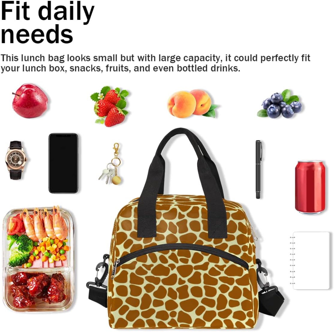 Bolsa de almuerzo aislada para mujeres y hombres, con estampado de jirafa de animales, grande, reutilizable, a prueba de fugas, bolsa de almuerzo