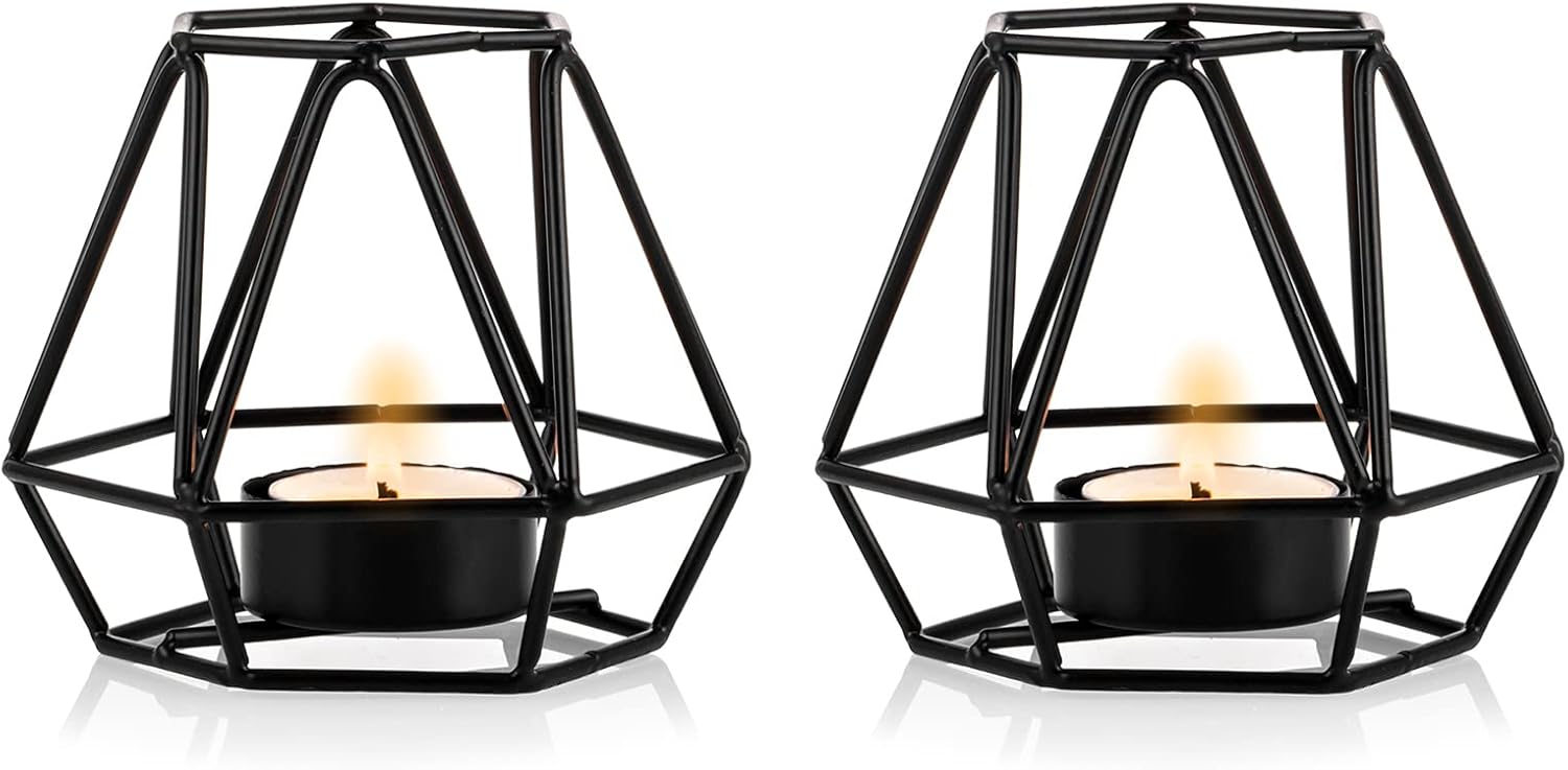 2 portavelas para velas de té, soporte para velas de té negro, portavelas votivas geométricas hexagonales de metal para boda, hogar, sala de estar,