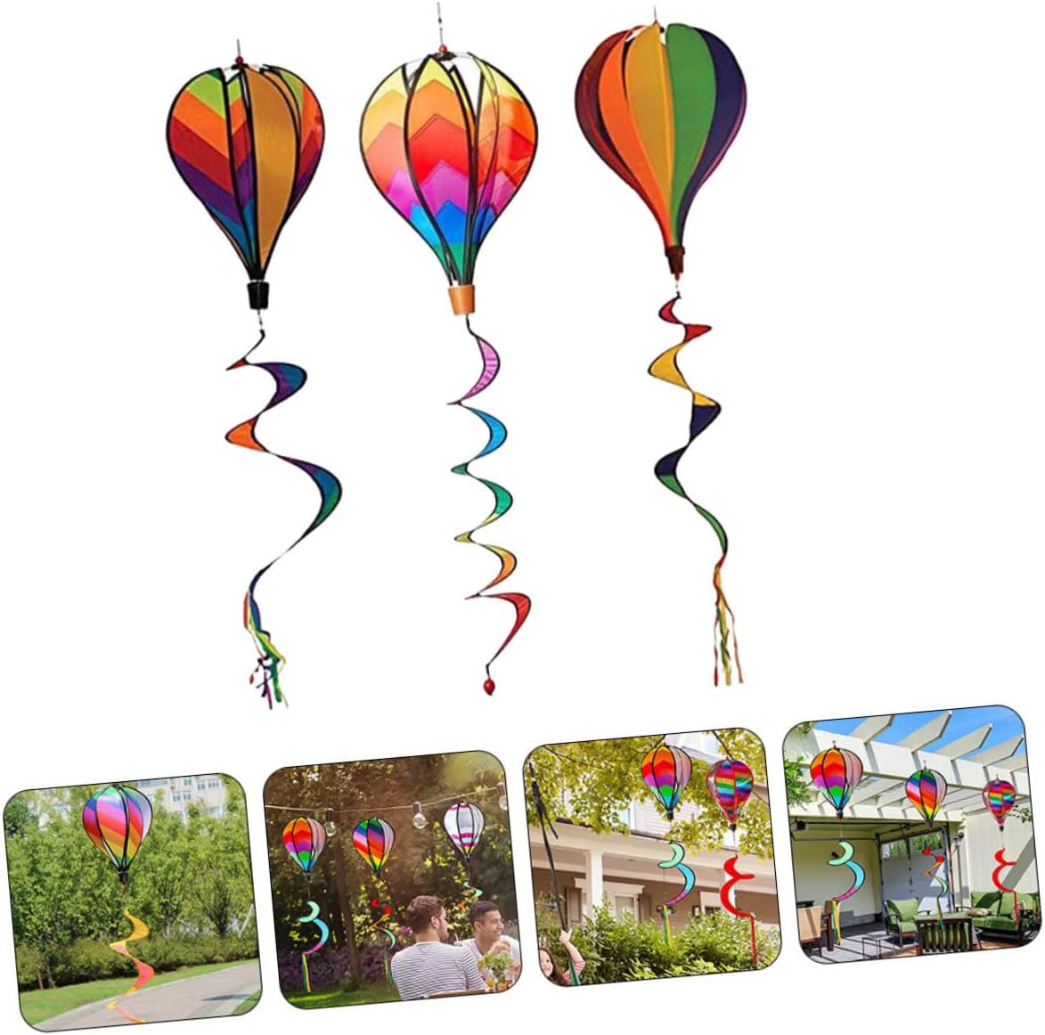 VOSAREA 3 piezas de globo de aire caliente, barra de viento, decoración de boda, luces solares al aire libre, adornos coloridos decorativos de