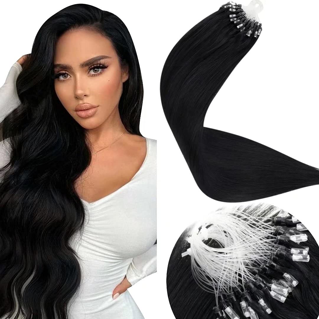 LaaVoo Micro Link Extensiones de cabello humano negro azabache, extensiones de cabello de micro cuentas de fusión fría, 24 pulgadas, extensiones de