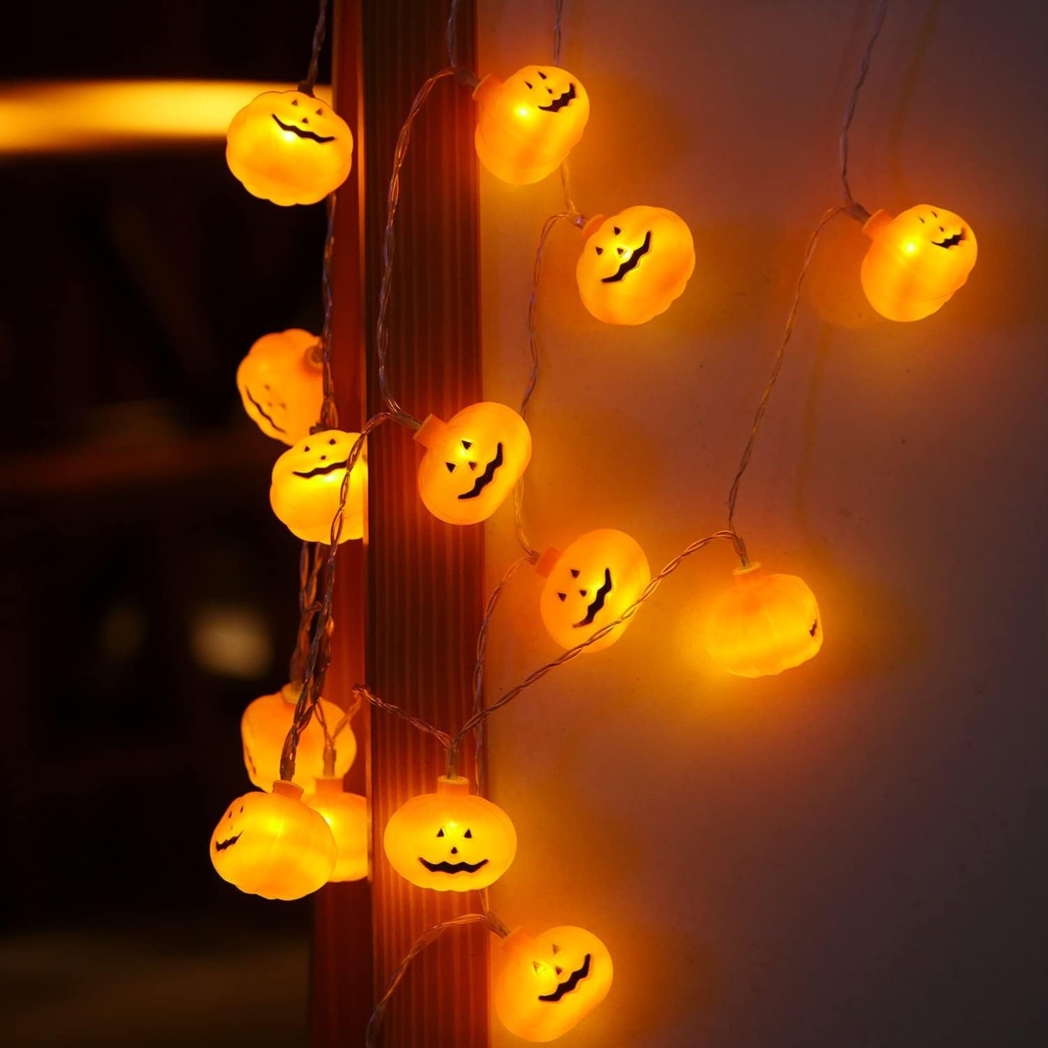 TORCHSTAR Guirnalda de luces de calabaza de Halloween, 20 LED 3D, impermeables, color naranja, funciona con pilas, luces decorativas de 8 modos,