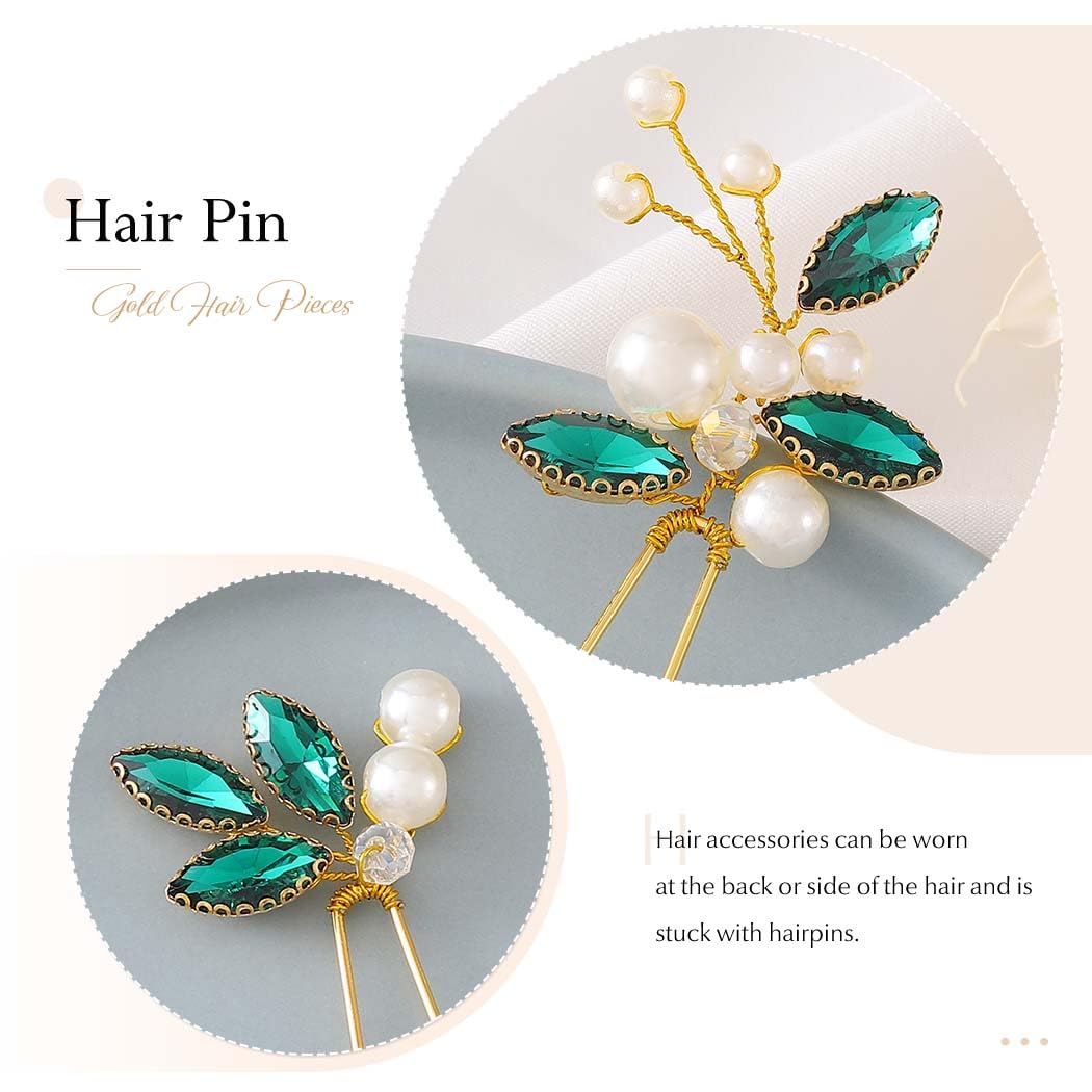 Casdre Horquillas para el pelo de perlas doradas y verdes con diamantes de imitación para novias, accesorios para el cabello de boda para mujeres y