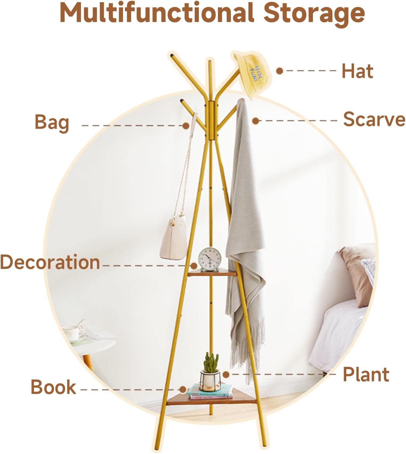 Perchero independiente, árbol de pasillo con 2 estantes, perchero para sombrero, ropa, bolsa, soporte para entrada, sala de estar, dormitorio,